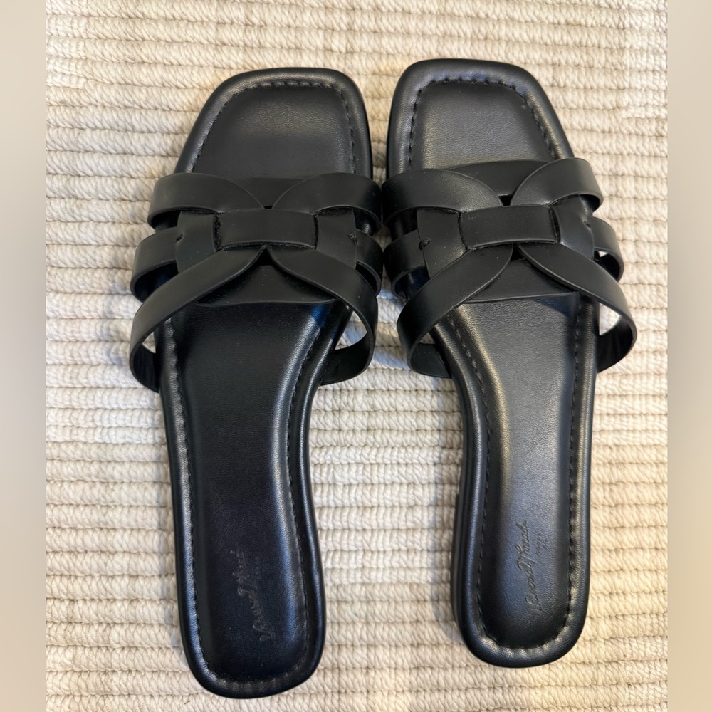 Women's Black Leather Woven Slide Mules Sandals